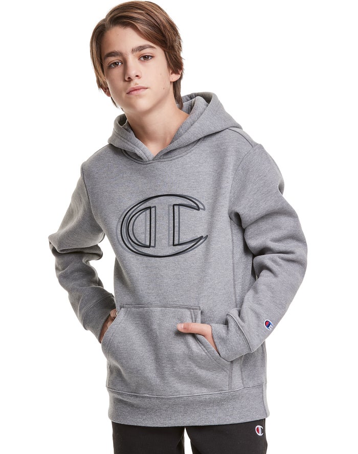 Champion Reverse Weave Fleece Vibrating Logo Erkek Çocuk Kapşonlu Sweatshirt Koyu Gri ( BRVQUX380 )